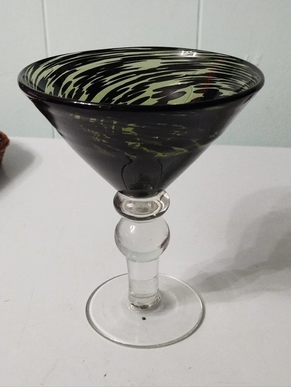 Pier 1 Vintage Hand blown Black and Olive Swirl Martini Glass